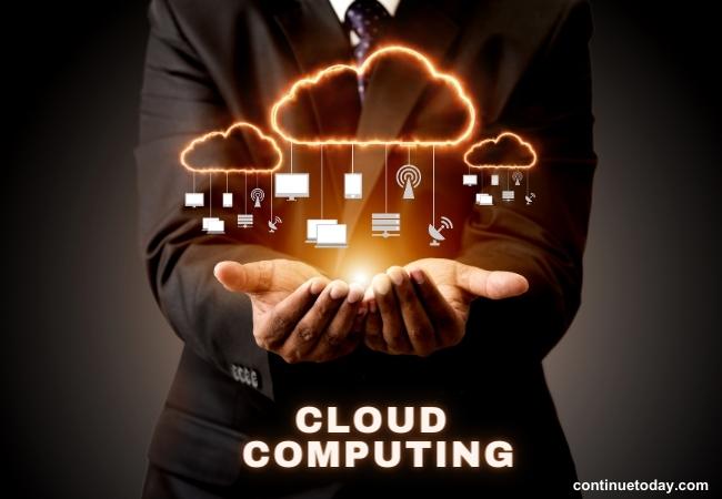 human hand holding symbolized cloud computing system